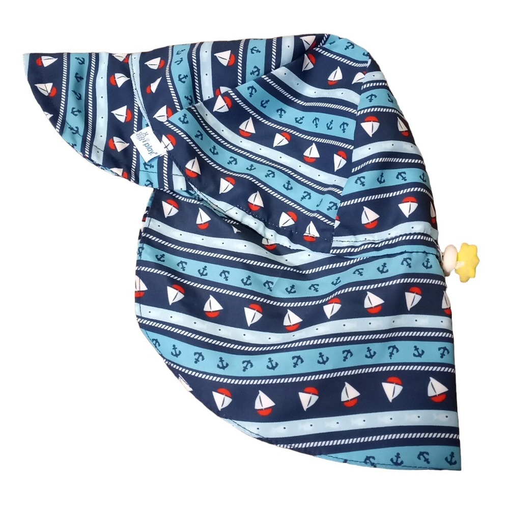 i Play Toddler 2T-4T Blue Green Sun Hat UPF 50+ Neck Covering Comfort Neck Tie